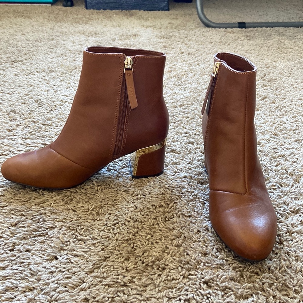 DKNY brown booties with gold detail